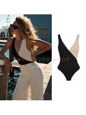 Resort | Hazel & Olive Swimsuit Scalloped Colorblock One Piece | Faux Wrap L
